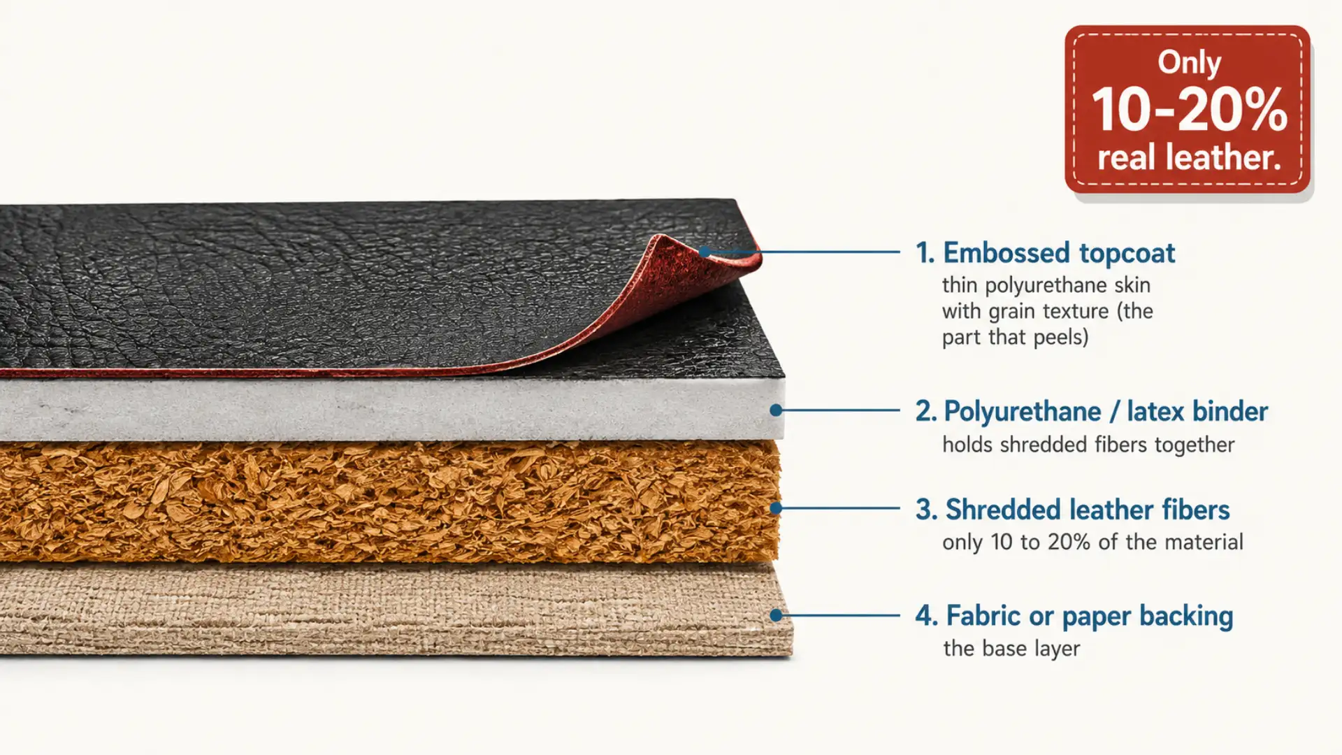 Labeled cross-section diagram of bonded leather showing four layers, an embossed polyurethane topcoat, a binder layer, 10 to 20 percent shredded leather fibers, and a fabric or paper backing.