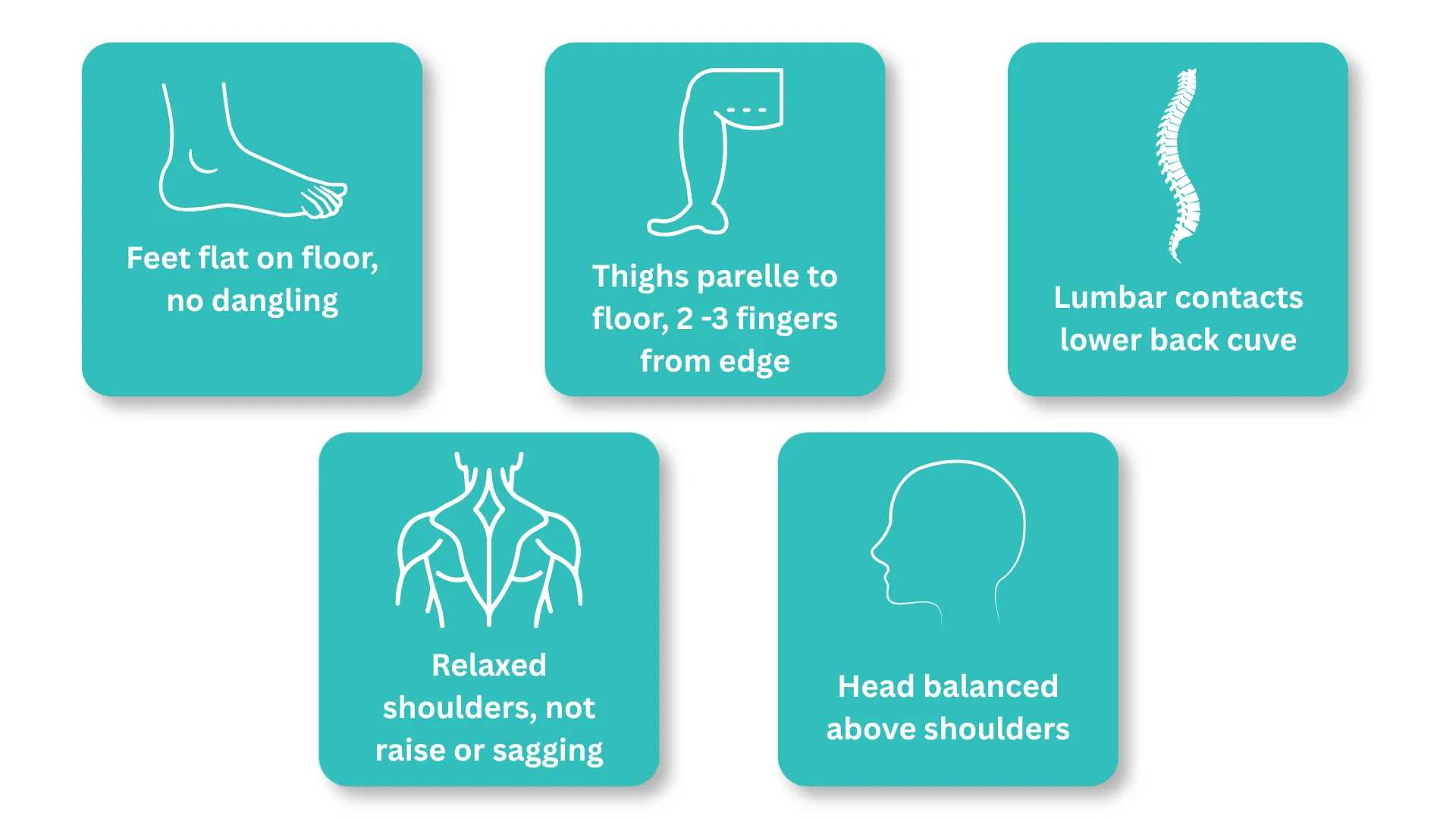 Infographic showing a 5-point verification checklist for office chair setup, covering feet, thighs, back, shoulders, and head positions.