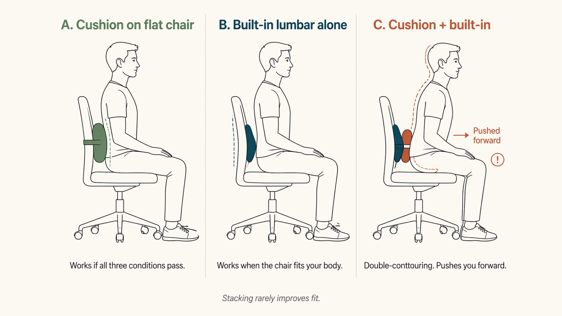 Three-panel comparison of the same seated figure showing correct fit with cushion on flat chair, correct fit with built-in lumbar alone, and awkward forward tilt when stacking a cushion on top of a built-in lumbar chair.