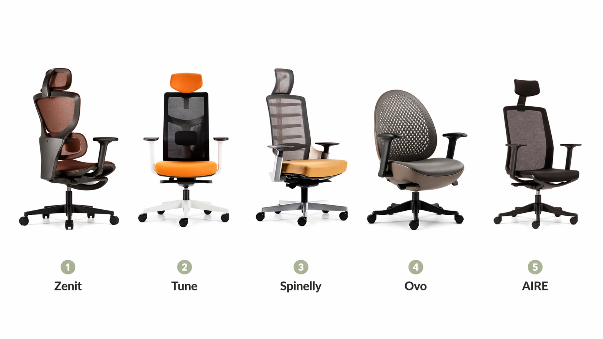 Side-by-side lineup of the five Merryfair ergonomic chairs recommended for long hours of sitting: Zenit, Tune, Spinelly, Ovo, and Aire.