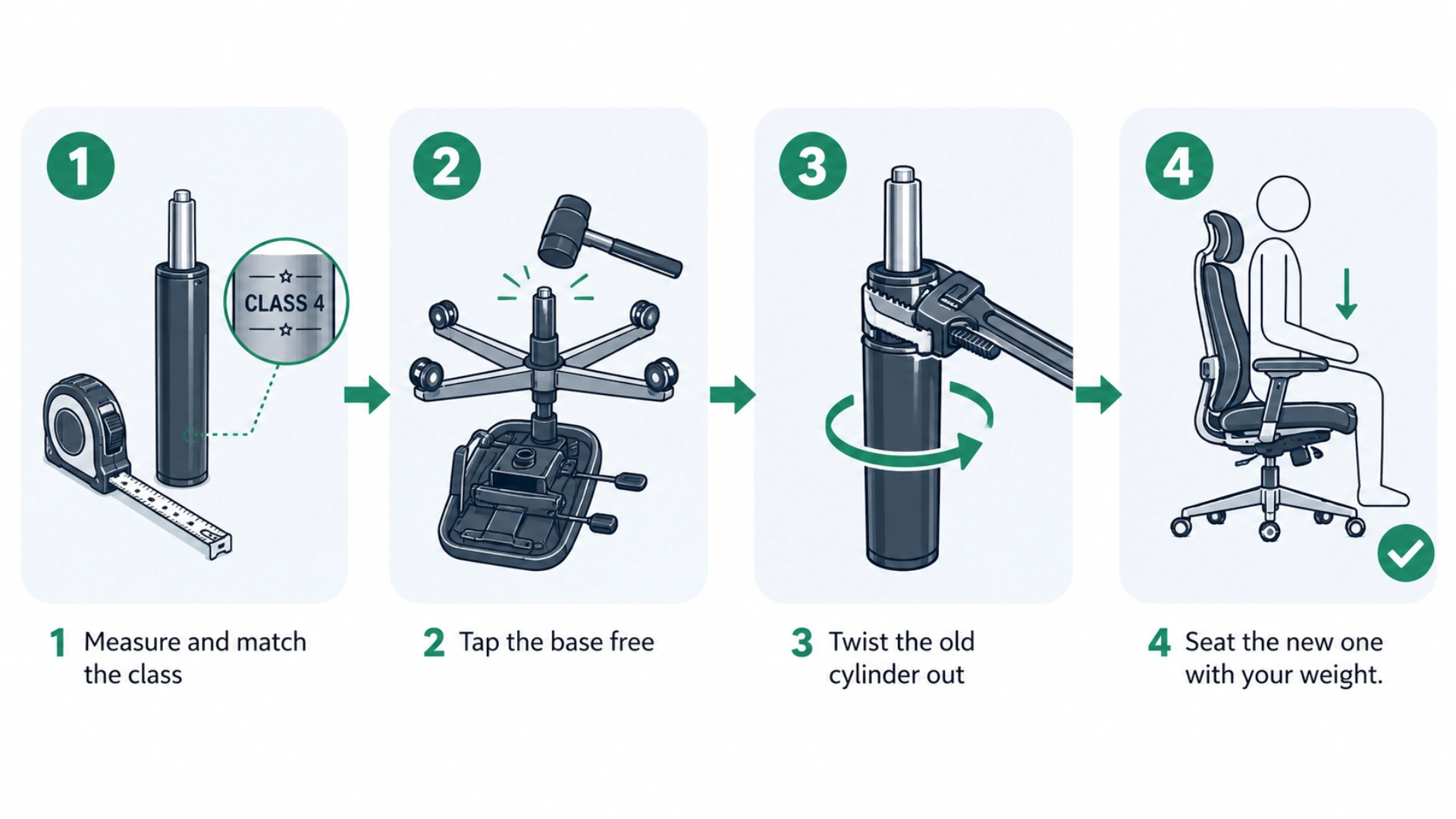 Four-step diagram showing how to replace an office chair gas cylinder: measure the old cylinder, free the base, twist out the old cylinder, and seat the new one