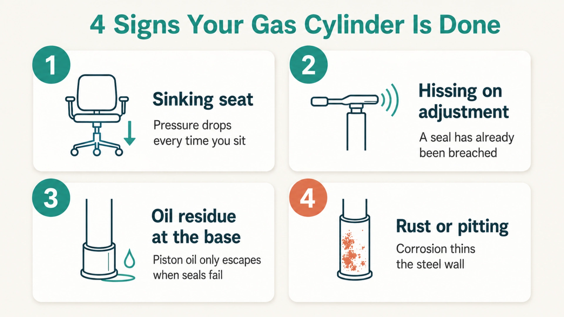 Infographic of the four warning signs of a failing office chair gas cylinder: sinking seat, hissing during adjustment, oil residue at the base, and rust on the tube