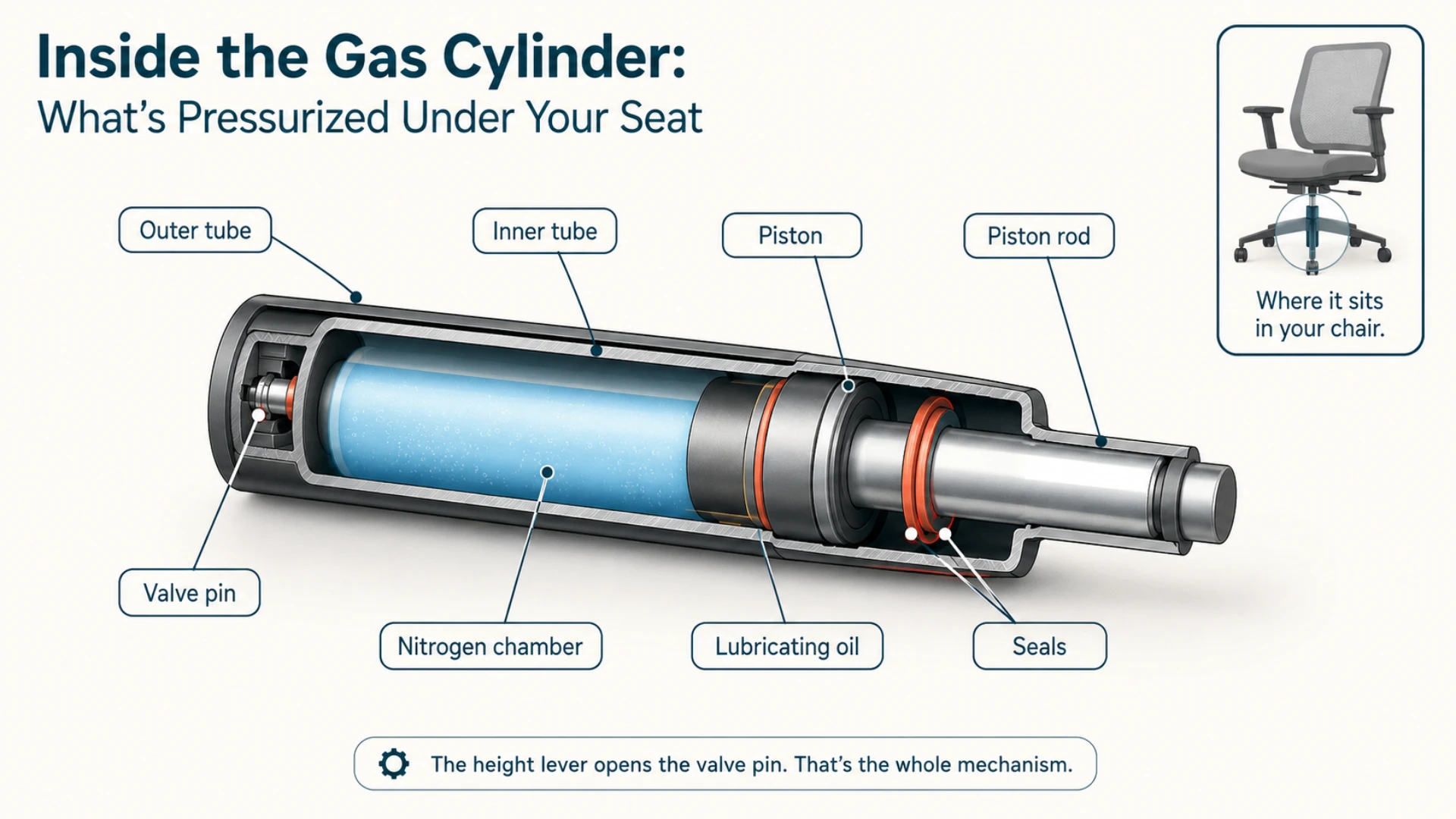 Labeled cutaway diagram of an office chair gas cylinder showing the outer tube, inner tube, piston, valve pin, nitrogen chamber, oil, and seals