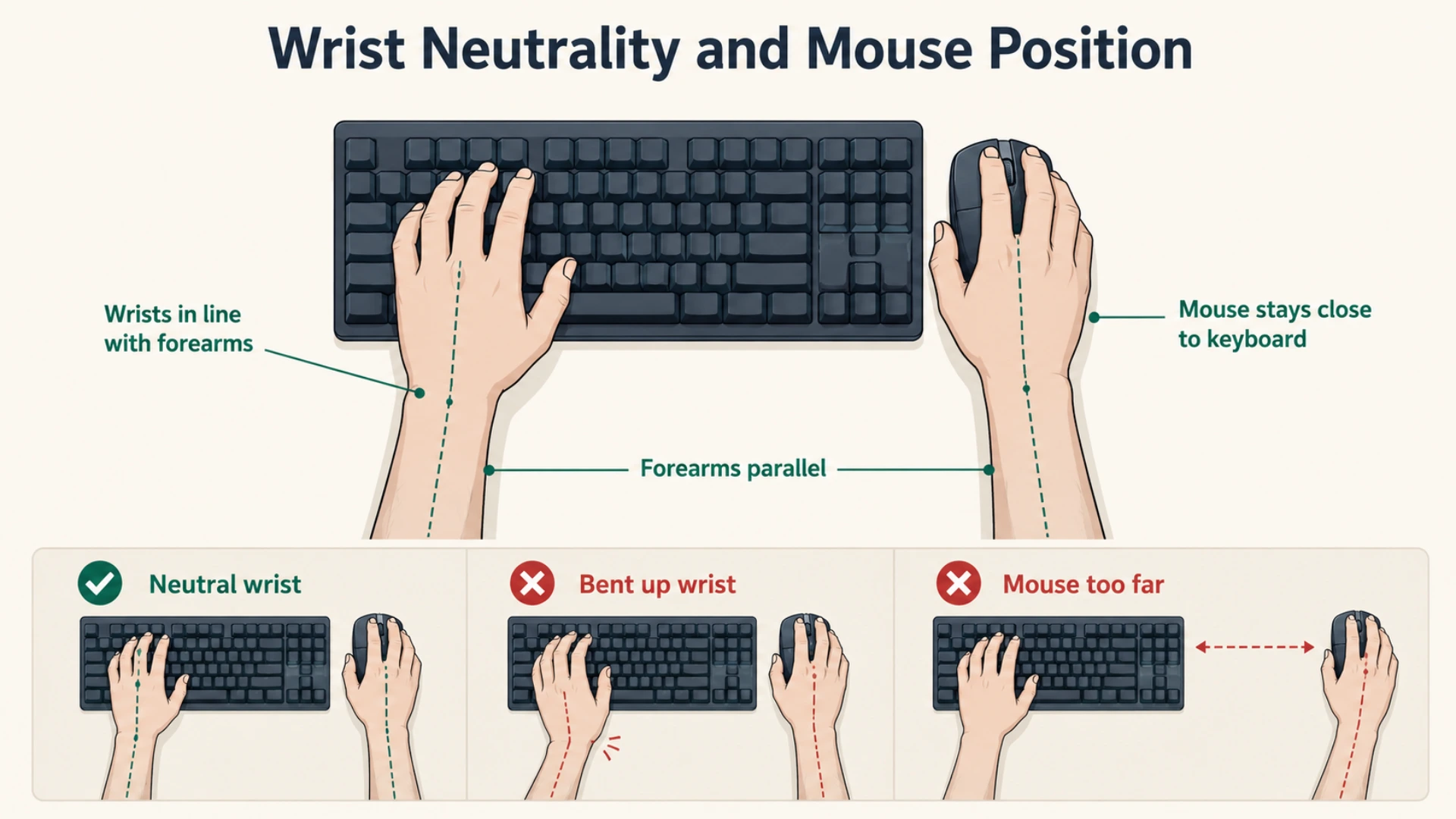 Top-down ergonomic diagram showing correct gaming keyboard and mouse position with neutral wrist alignment, mouse placed close to the keyboard, and forearms parallel, plus three small comparison panels contrasting correct and incorrect wrist positions.