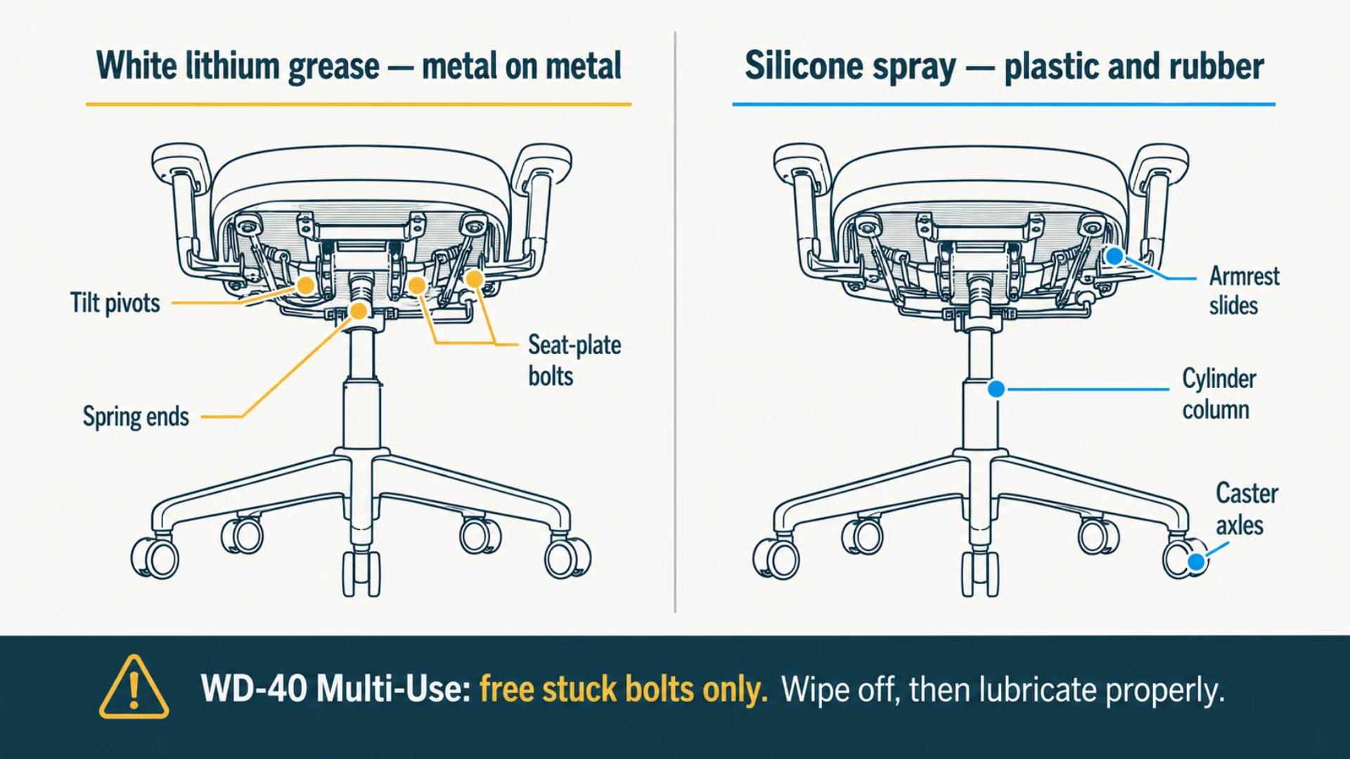 Split infographic mapping white lithium grease to metal chair pivots and silicone spray to caster axles, armrest slides, and the gas cylinder column