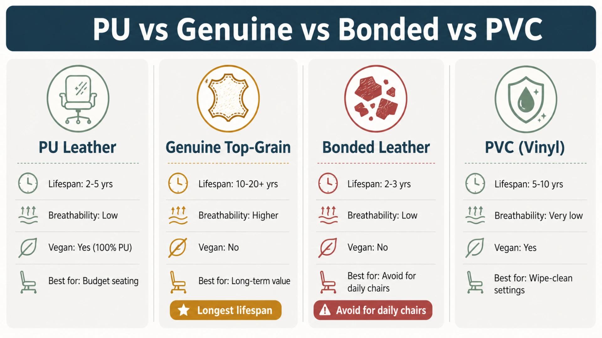 Four-column infographic comparing PU leather, genuine top-grain leather, bonded leather, and PVC by lifespan, breathability, vegan status, and best use.