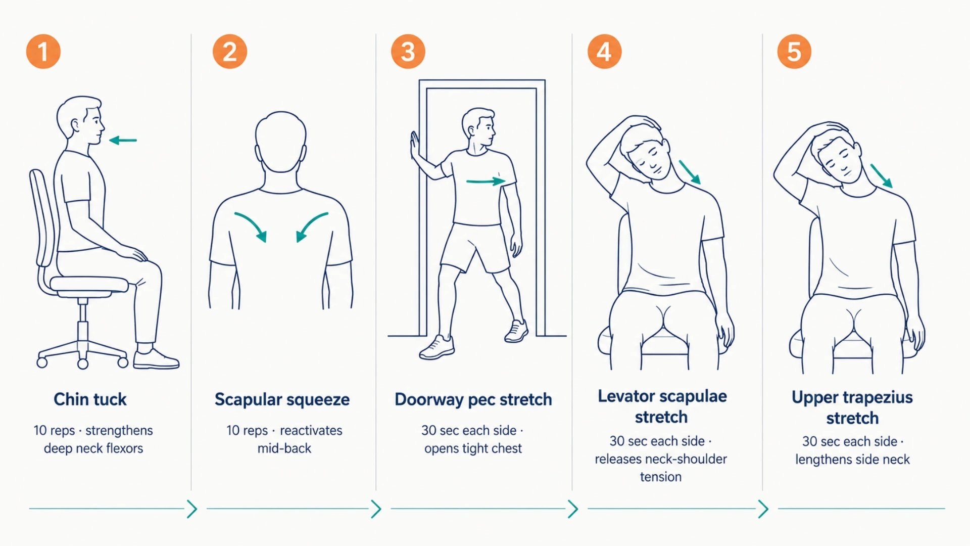 Five-panel stretch sequence illustrating chin tuck, scapular squeeze, doorway pec stretch, levator scapulae stretch, and upper trapezius stretch, with movement arrows and rep counts.