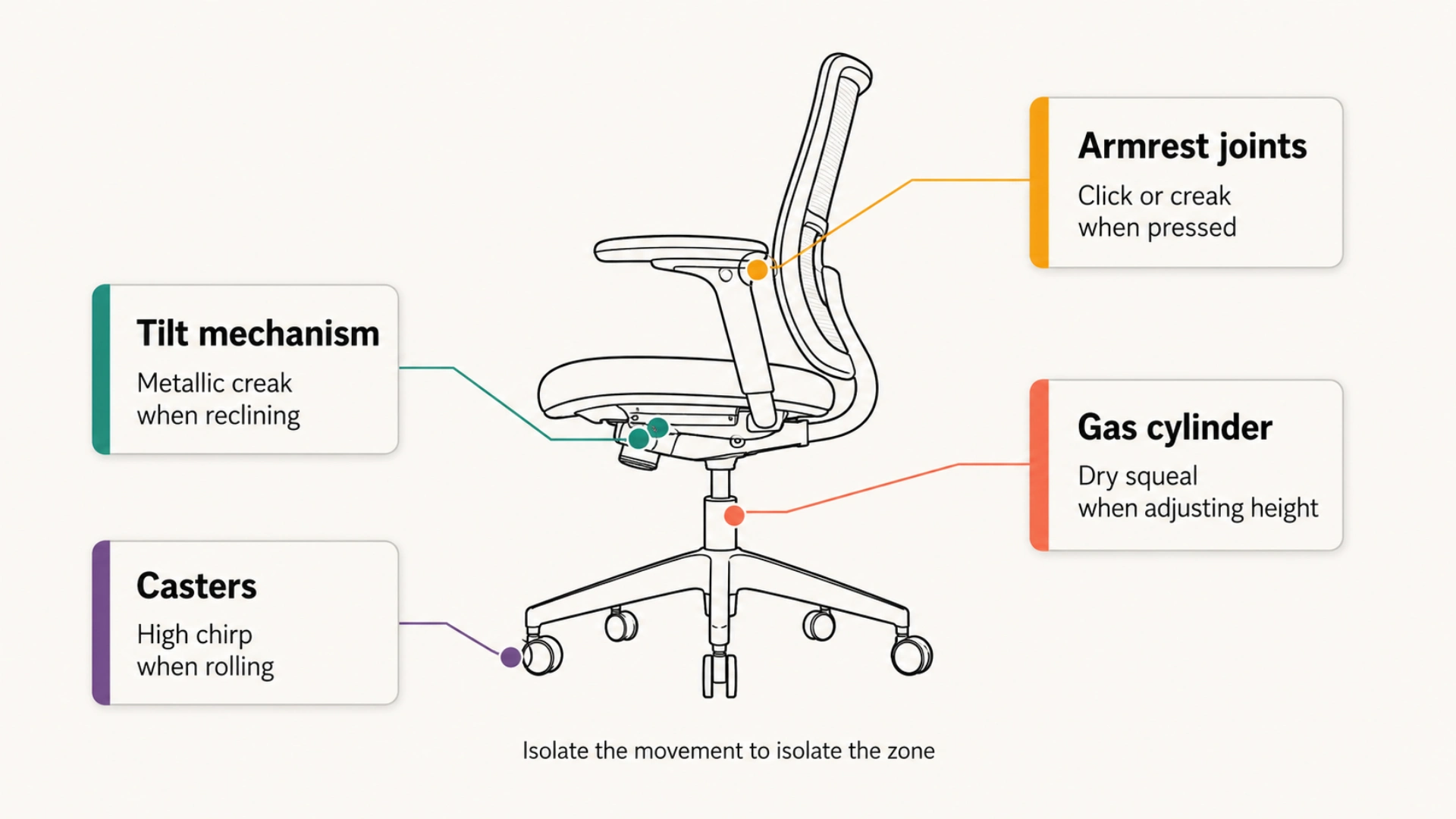 Diagram of an office chair showing four labeled noise zones with the sound each one makes: tilt mechanism creak, gas cylinder squeal, caster chirp, and armrest click