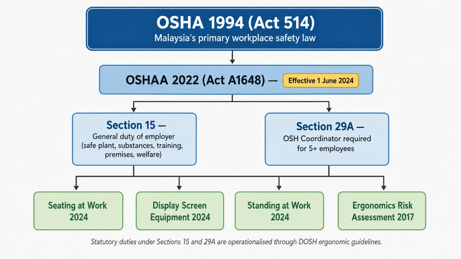 Hierarchical diagram showing how OSHA 1994 and its 2022 amendment connect to Section 15 employer duties, Section 29A coordinator requirements, and the four DOSH ergonomic guidelines.