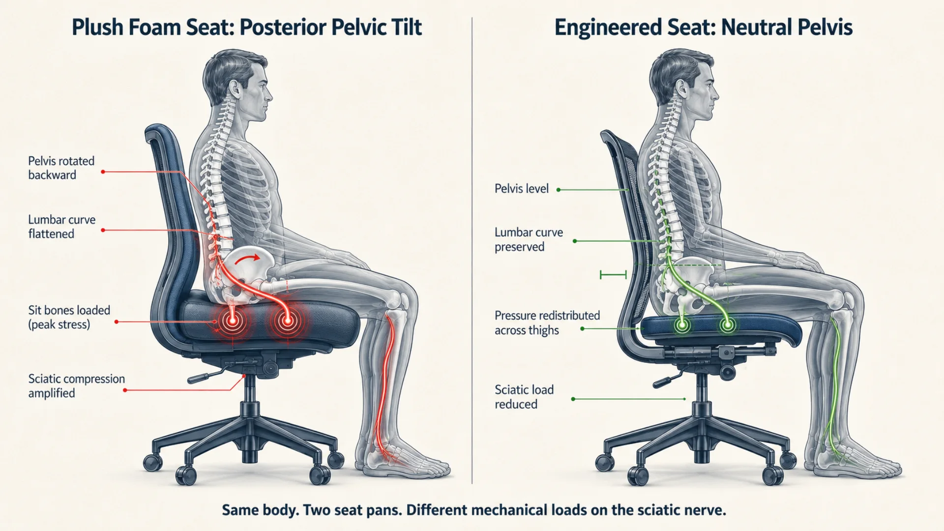 Side-by-side biomechanical diagram comparing a seated figure on plush foam (left) showing posterior pelvic tilt, flattened lumbar curve, and high stress at the ischial tuberosities, versus the same figure on a depth-adjusted dynamic-cushion seat (right) showing neutral pelvis, preserved lumbar curve, and reduced sciatic load.