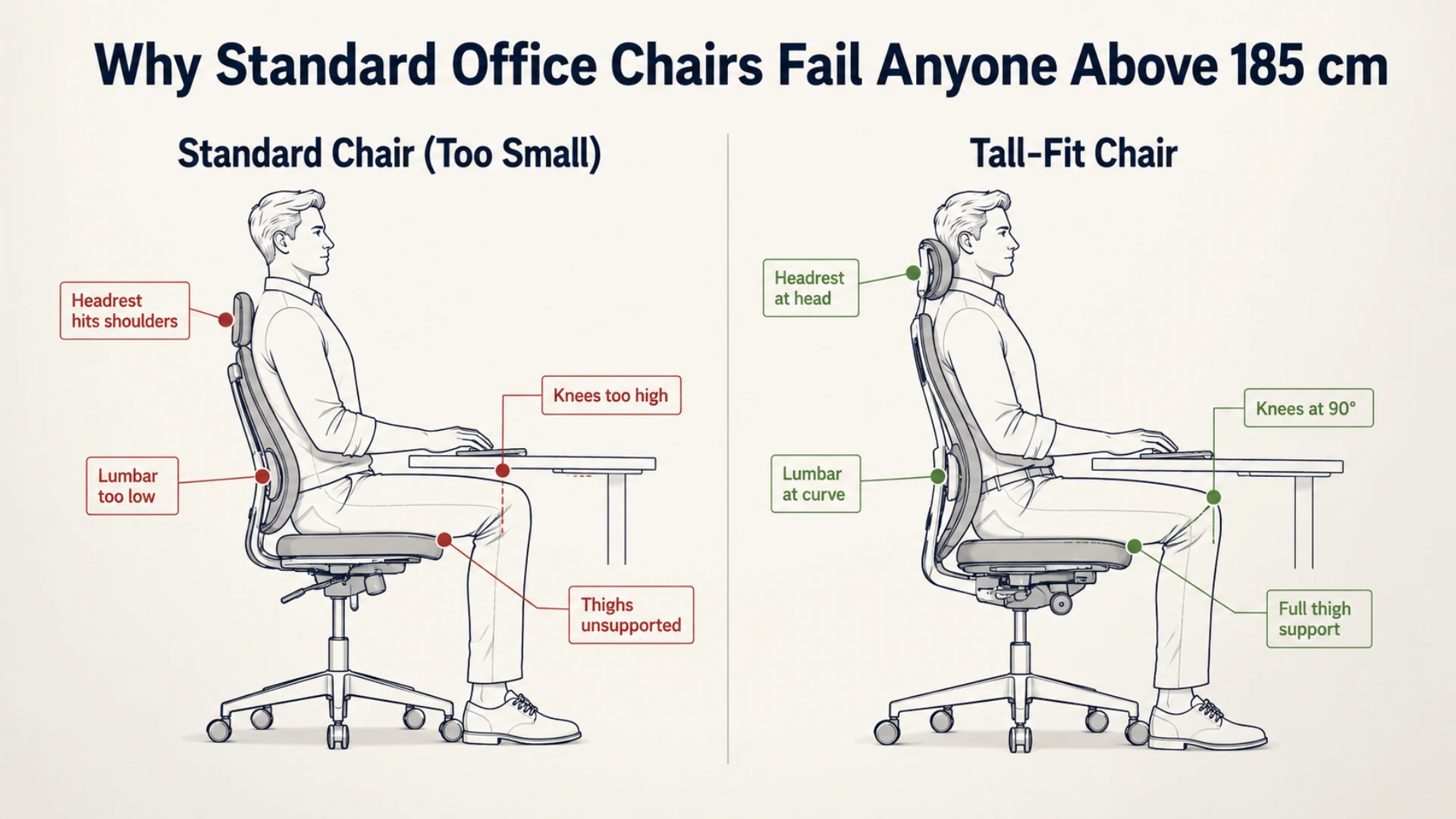 Side-by-side comparison illustration showing the same tall user in a too-small standard chair on the left with four ergonomic issues marked, and in a properly-sized tall chair on the right with four correct alignment points.