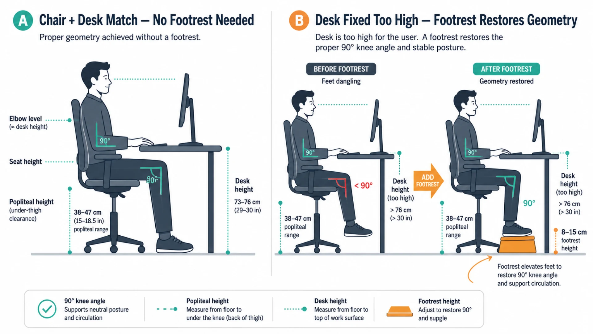 Side-by-side ergonomic diagram showing a seated person with a matched chair-and-desk setup on the left (no footrest needed) and a fixed-height desk setup on the right where a footrest restores proper knee angle and foot placement.