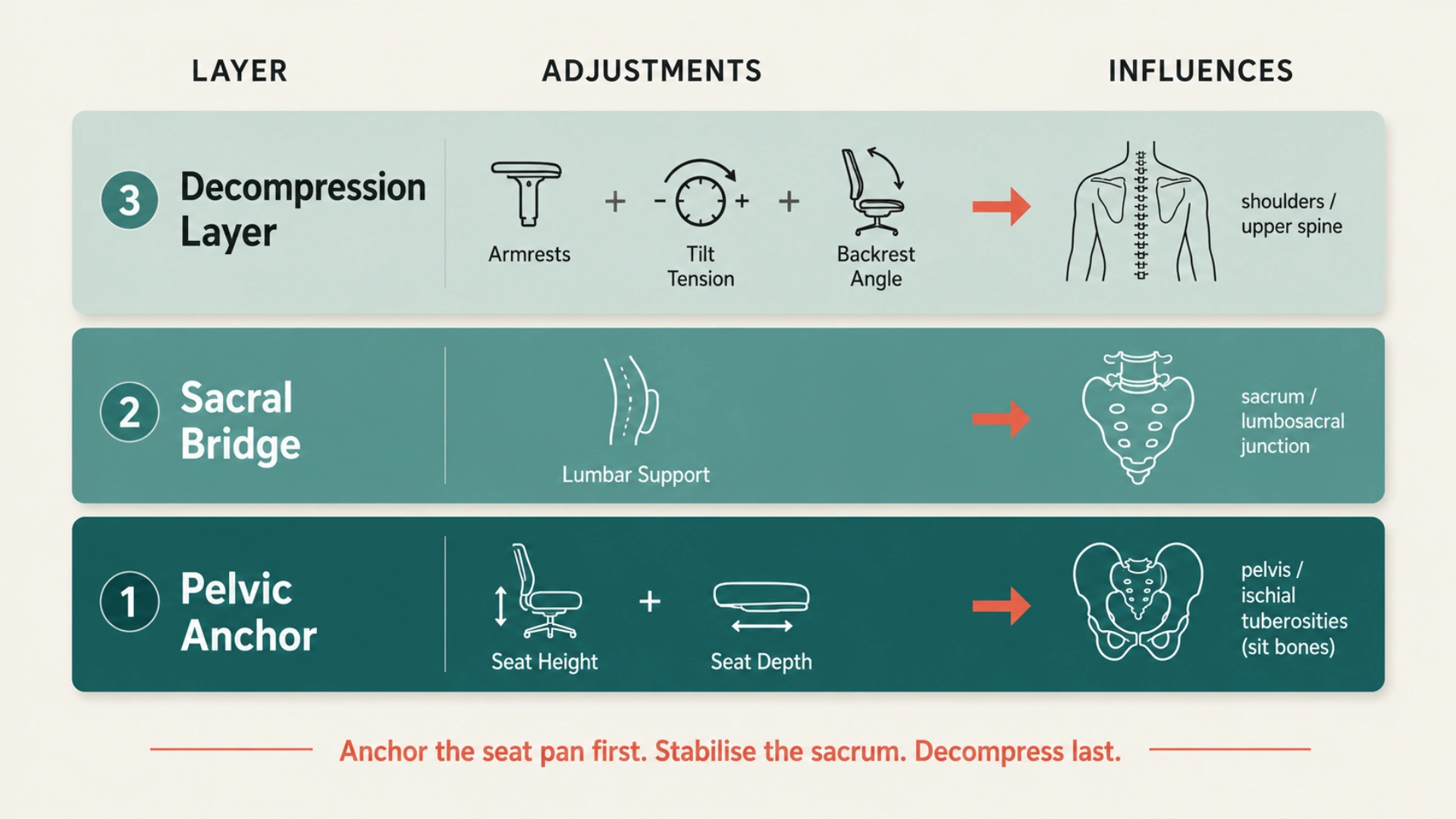 hree-layer diagram of the Sciatica Adjustment Sequence showing Pelvic Anchor (seat height and depth), Sacral Bridge (lumbar support), and Decompression Layer (armrests, tilt, backrest), each mapped to the body region it affects.