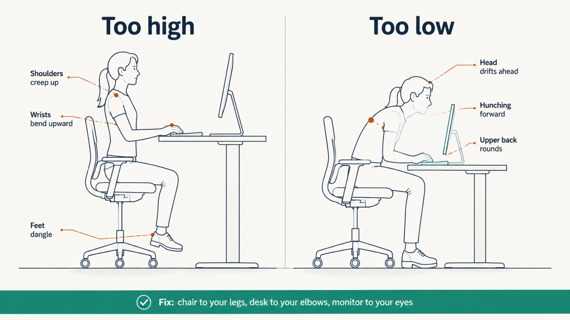 Split diagram showing posture faults from a too-high desk, including shrugged shoulders and bent wrists, versus a too-low desk causing hunching and a forward head position