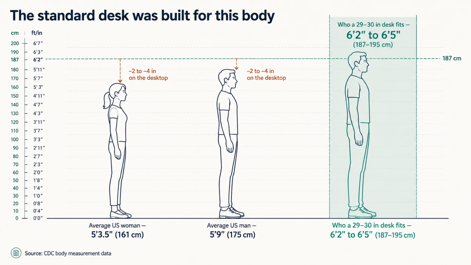 Infographic comparing average US female and male heights against the 187 to 195 cm body range that a standard 29 to 30 inch desk actually fits