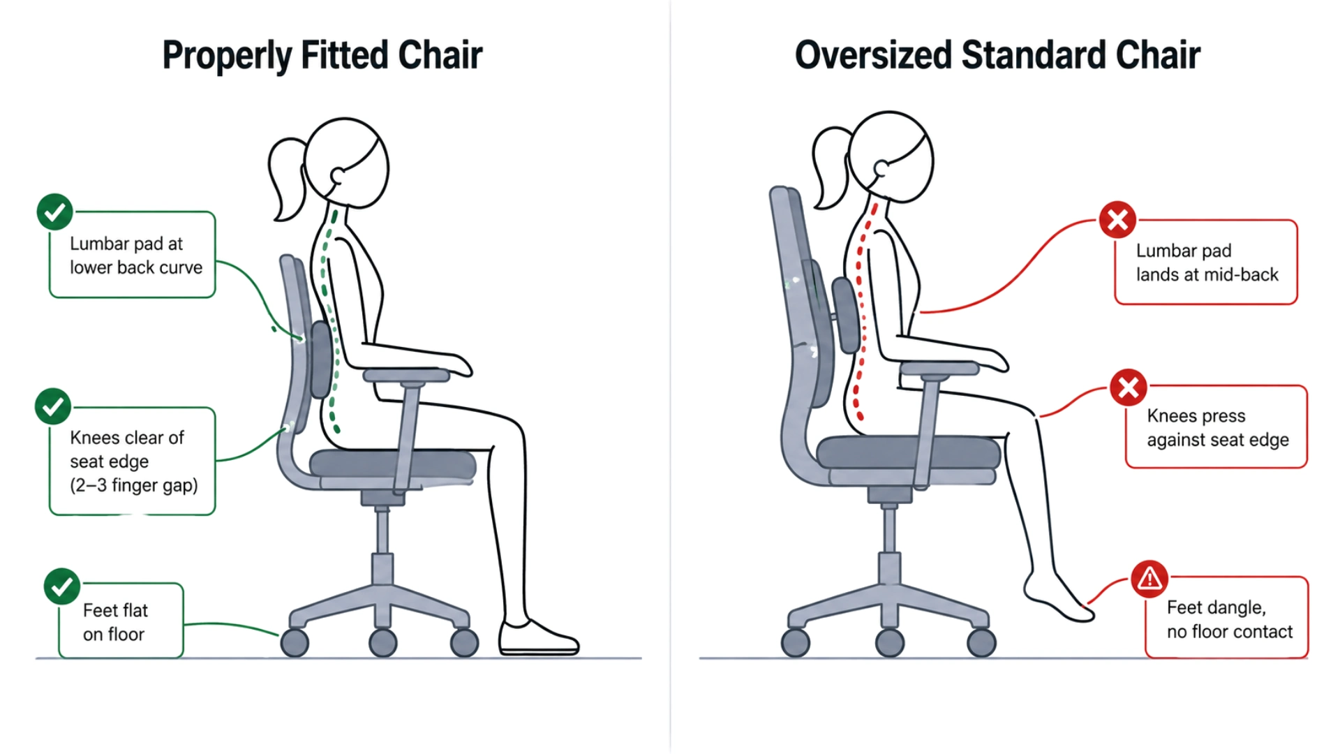 Side-by-side anatomical comparison of a petite user seated in a properly fitted chair (left) versus an oversized chair (right), showing how feet position, knee clearance, and lumbar pad placement differ between the two scenarios.